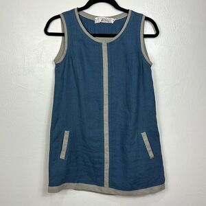 AB NAHLIK Linen Blue Sleeveless Round Neck Contrast Trim Shift Mini Dress Size S